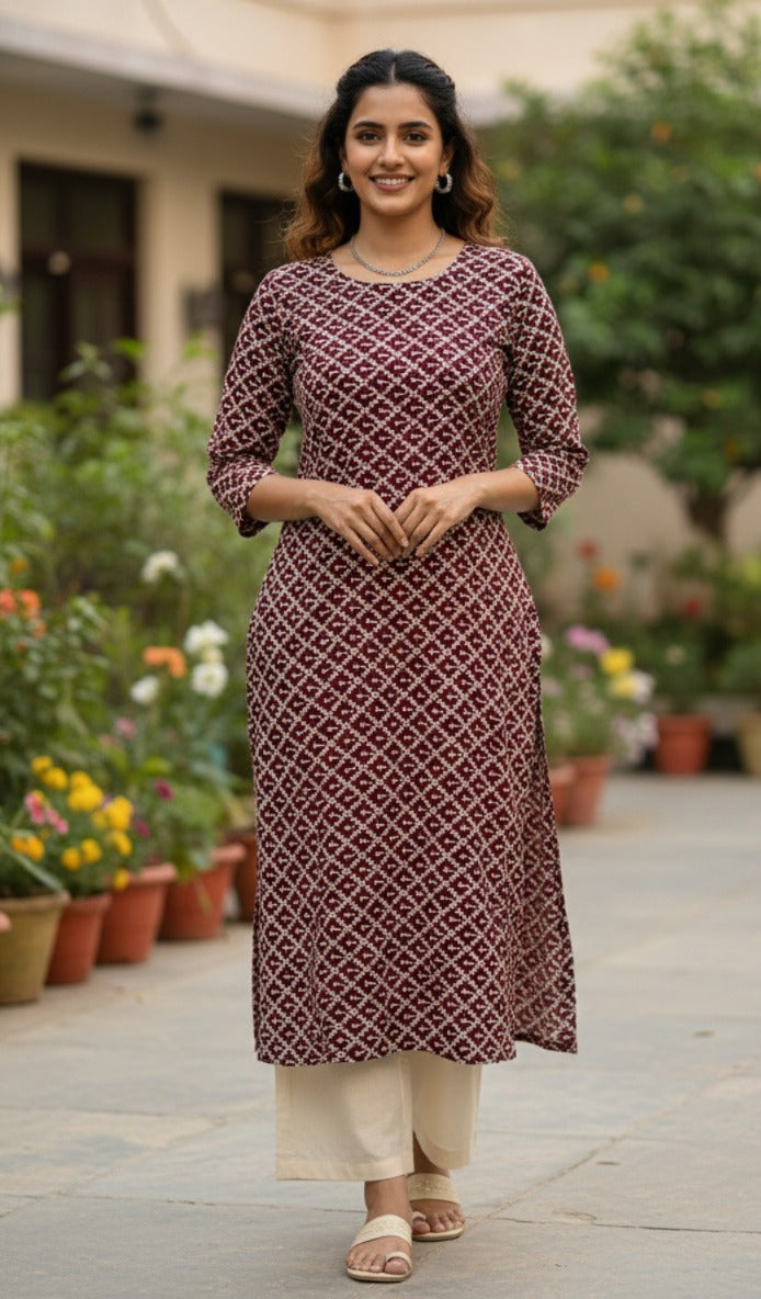 maroon women kurti material roman silk chikankari