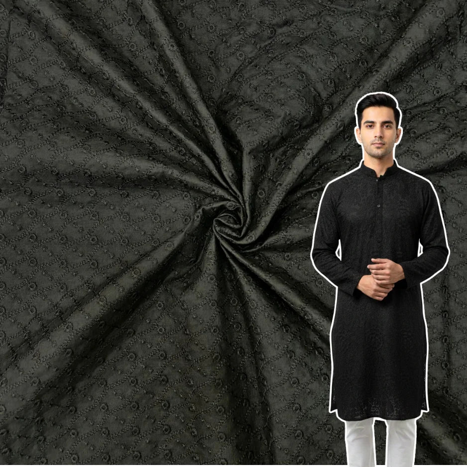 Black pure cotton pagdi design embroidered fabric for festive kurta, suit and ethnic wear