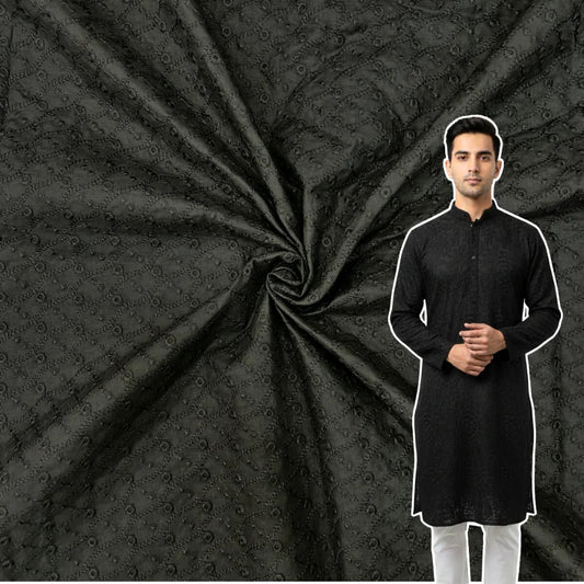 Black pure cotton pagdi design embroidered fabric for festive kurta, suit and ethnic wear
