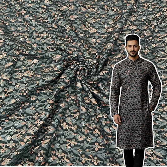 Black rayon viscose sequin kurta fabric with all-over position print for festive menswear