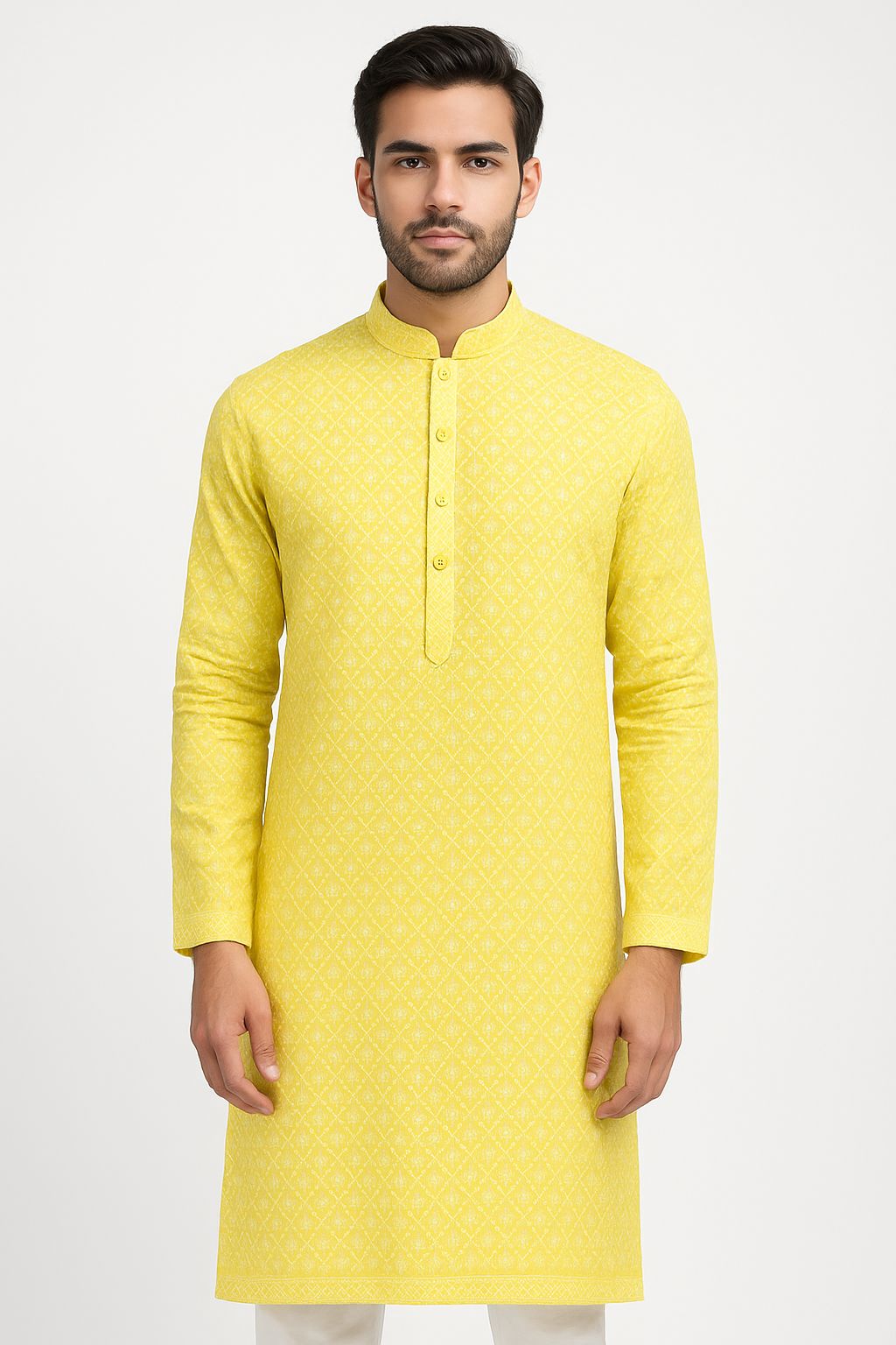 Premium yellow pure cotton fabric with lakhnavi thread embroidery for ethnic and festive clothing

