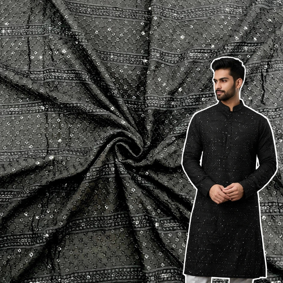 Black rayon viscose patta design embroidered kurta fabric with sequin work for festive menswear