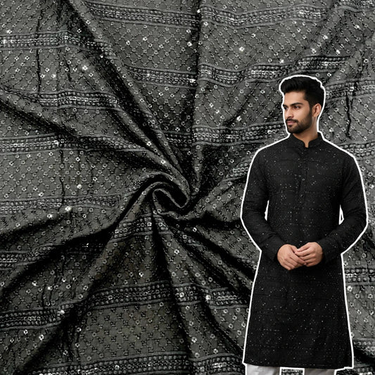 Black rayon viscose patta design embroidered kurta fabric with sequin work for festive menswear