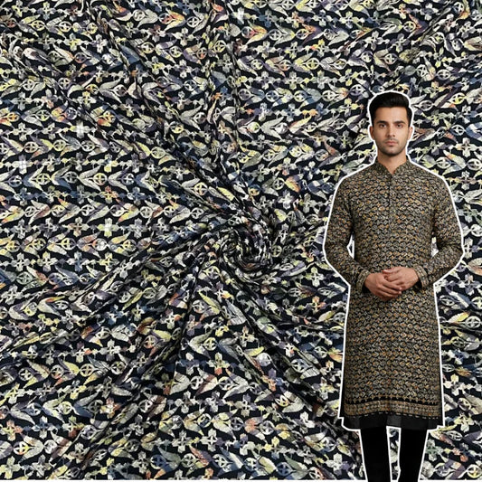 Black rayon viscose sequin kurta fabric with all-over position print for festive menswear