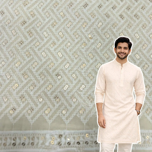 Men’s off-white cotton cambric kurta fabric with fine thread and sequin embroidery