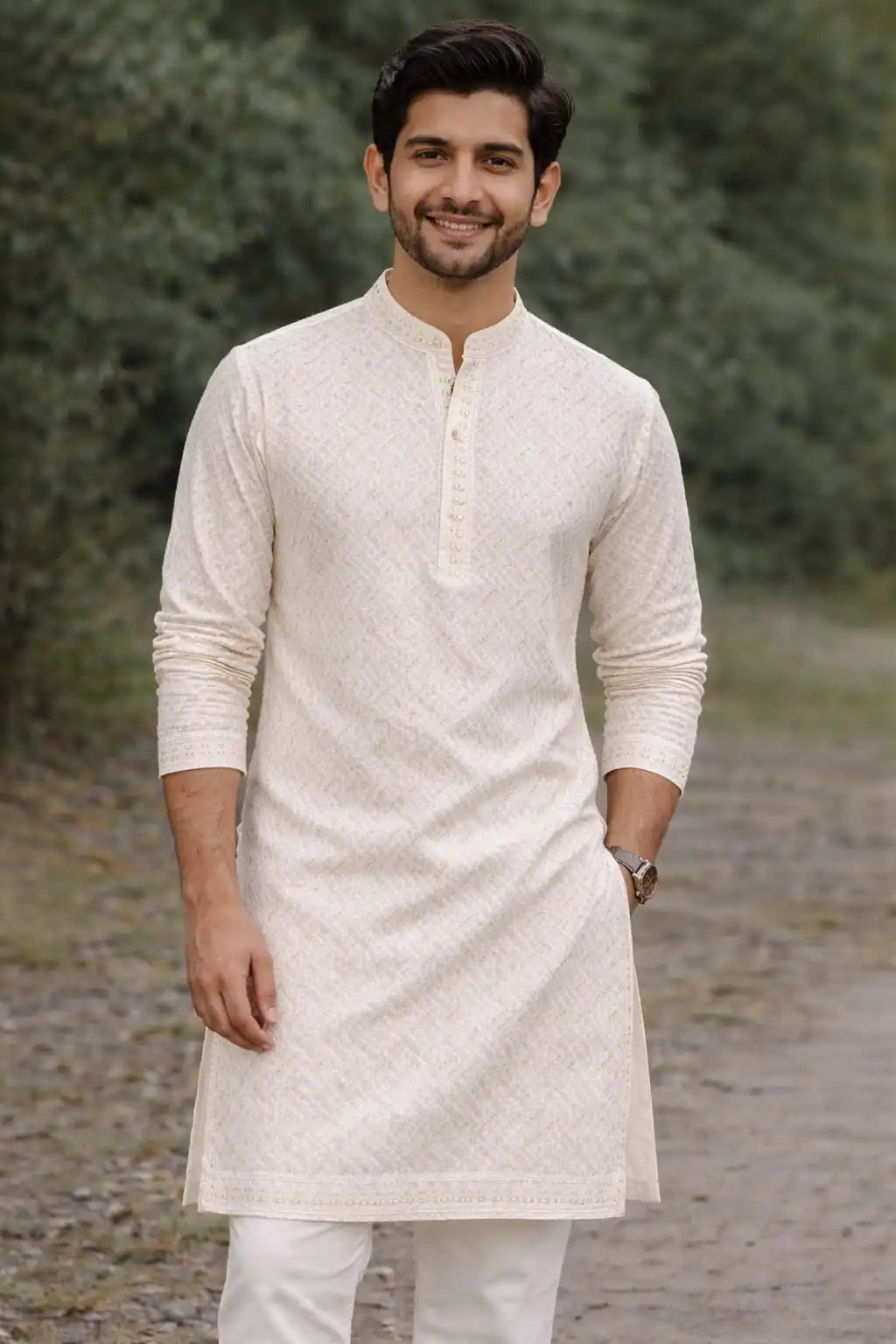 Men’s off-white embroidered kurta fabric suitable for wedding and festive wear