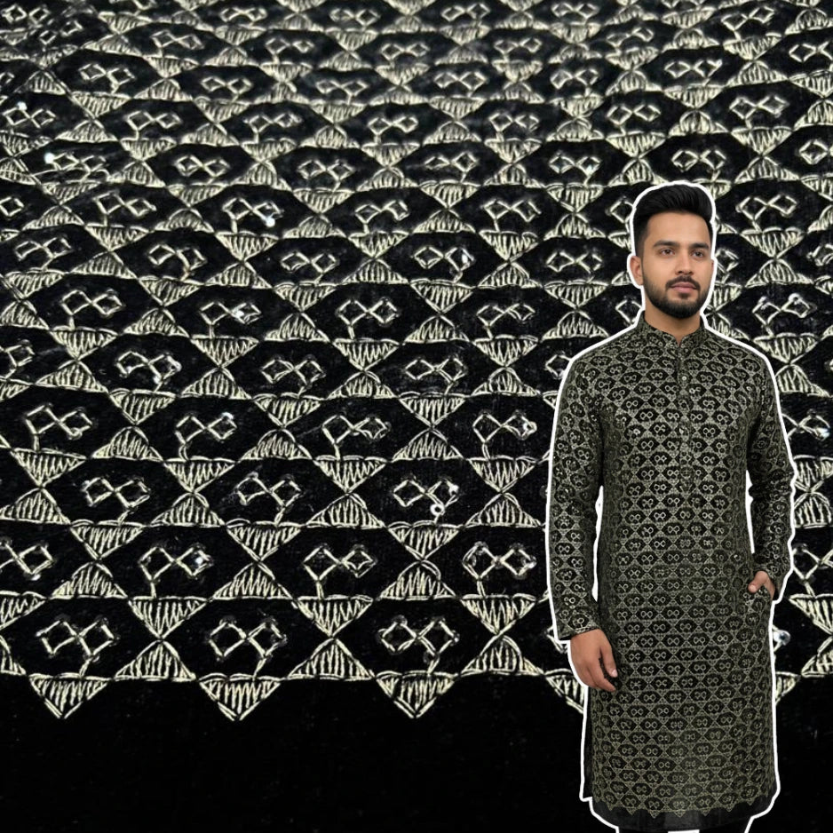 Textured premium velvet fabric in black with metallic olive detailing ideal for sherwani, bandhgala and waistcoat tailoring.