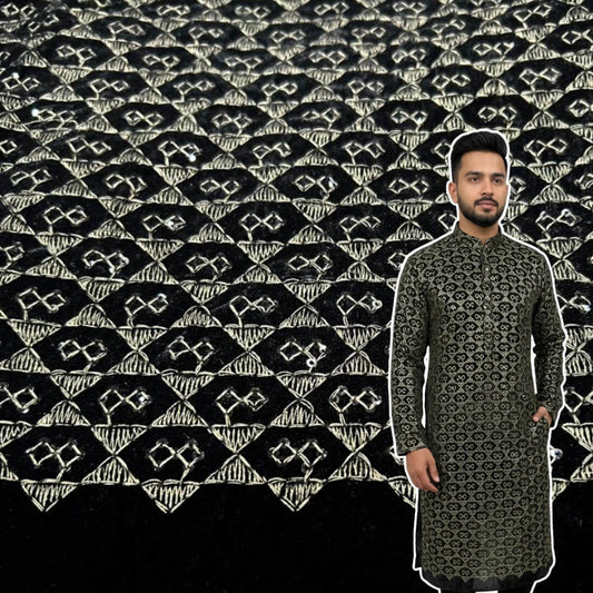 Textured premium velvet fabric in black with metallic olive detailing ideal for sherwani, bandhgala and waistcoat tailoring.