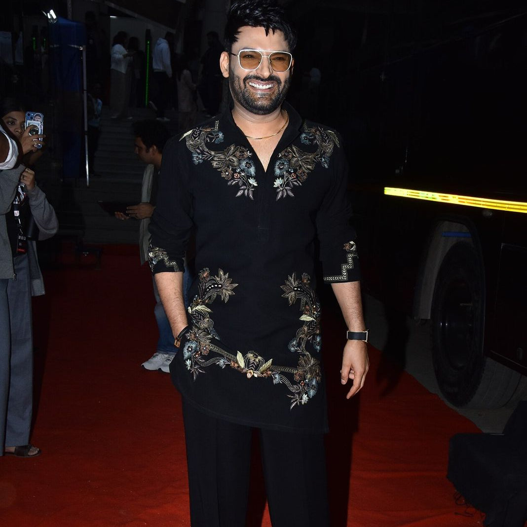 Men’s Black Embroidered Kurta Pant Fabric | Kapil Sharma Style Designer Armani Lachka Material Set