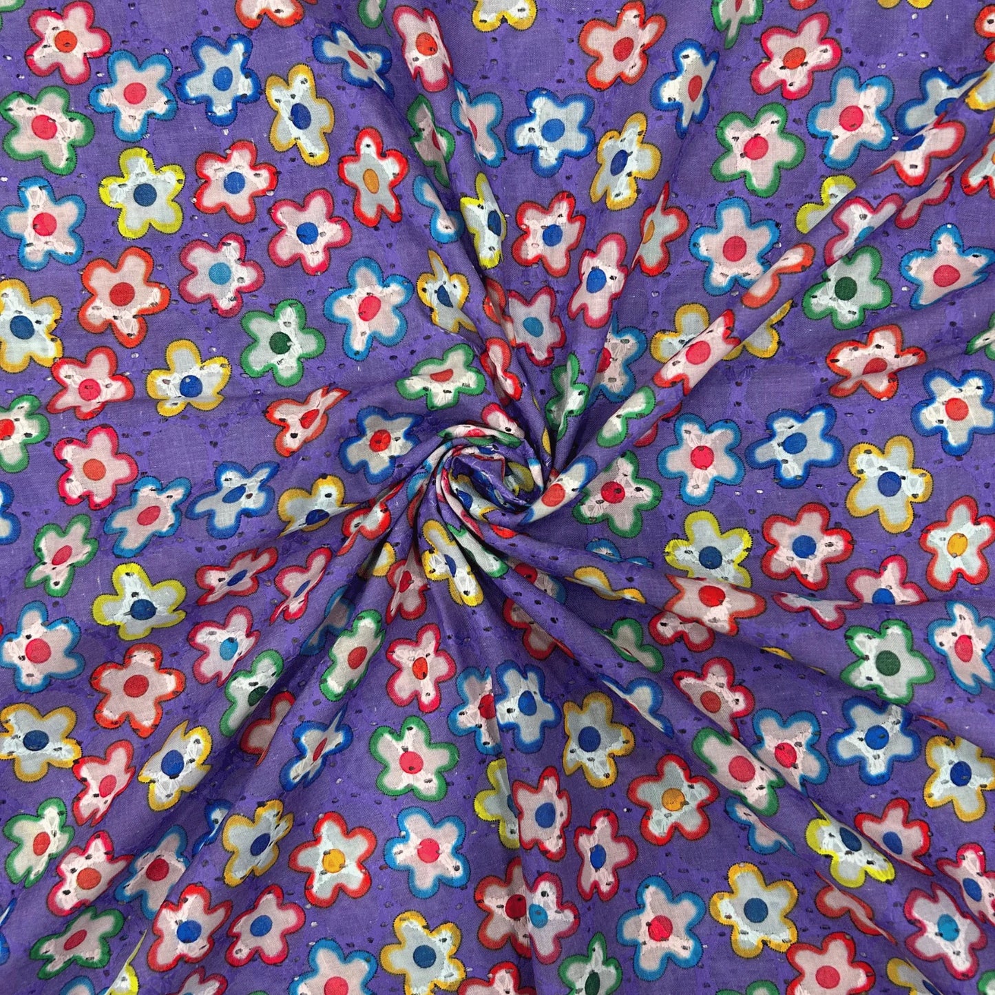 Premium Multicolor Floral Hakoba Cotton Schiffli Fabric with vibrant flower embroidery print, displayed with width measurement guide. Soft breathable cotton fabric, ideal for kurtis, dresses, tops, kidswear, DIY crafts and ethnic wear.