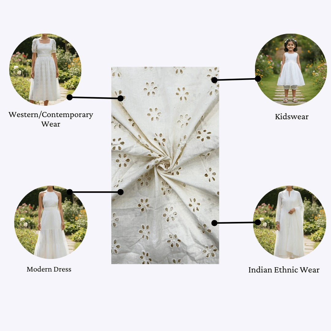 Close-up of white dyeable hakoba embroidered cotton fabric.