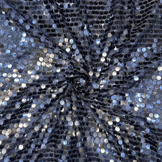 Navy Blue Large Disc Sequins Embroidered Net Fabric for Gowns, Sarees and Party Wear.