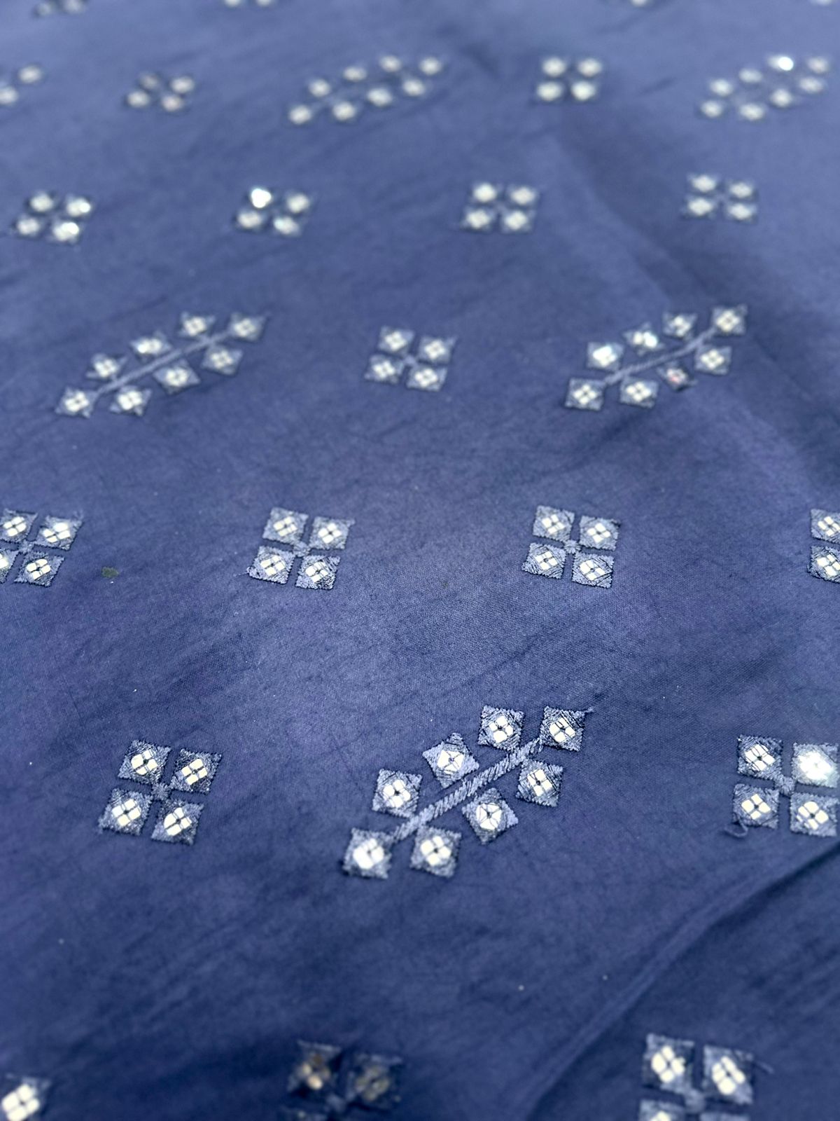 Traditional mirror embroidery on navy blue Roman silk festive kurta fabric