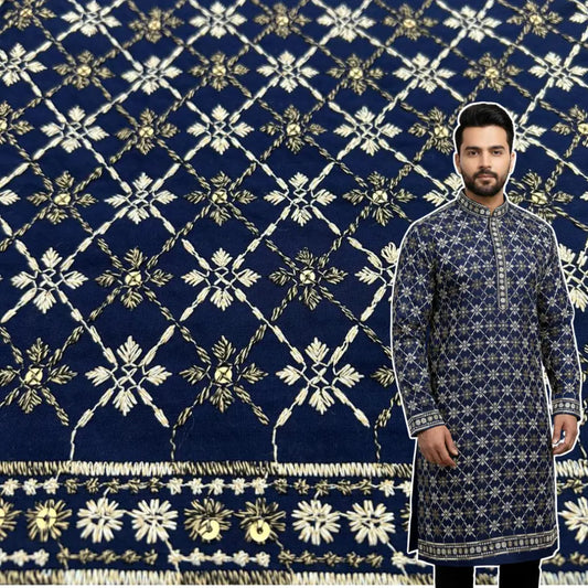 Navy blue rayon embroidered sequin kurta fabric for men