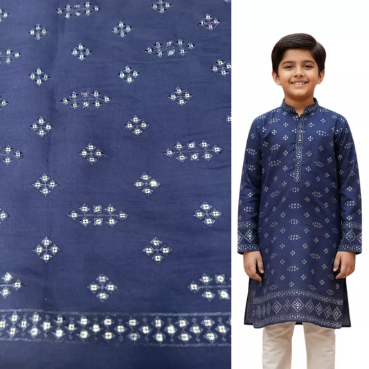 Navy blue Roman silk mirror work kurta fabric for kids with soft premium festive finish