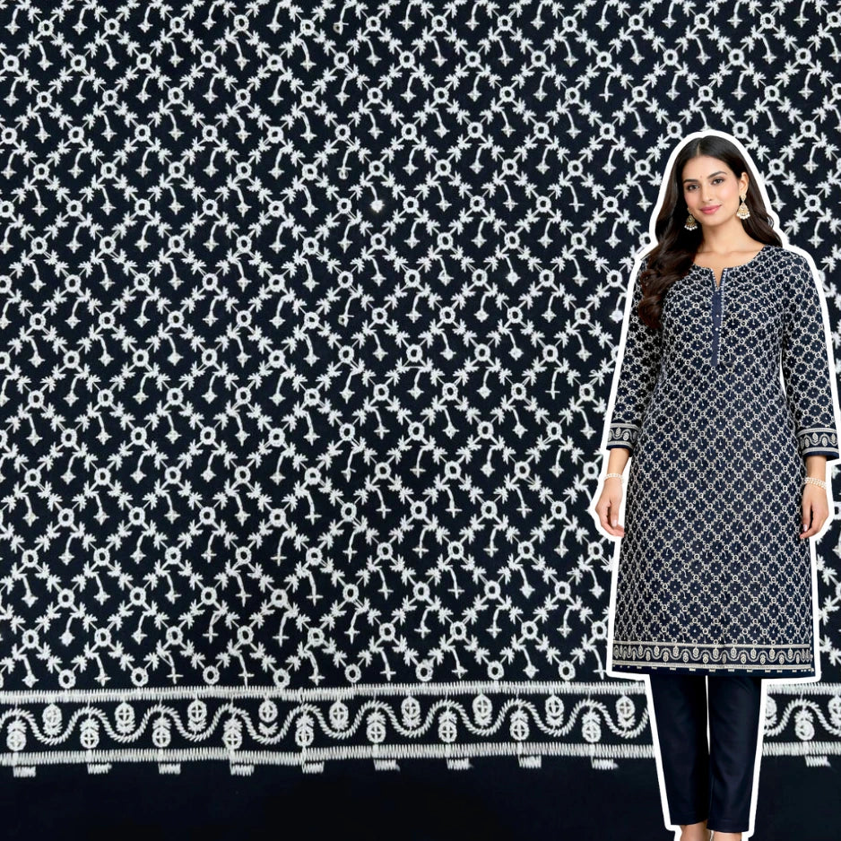 navy blue chikankari roman silk fabric women