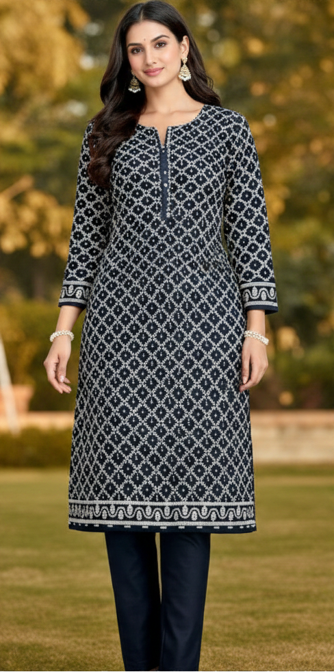 navy blue kurti suit fabric roman silk chikankari