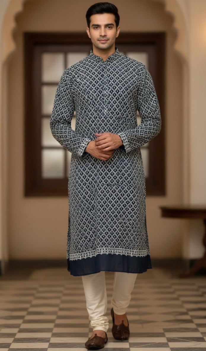 navy blue silk kurta fabric men chikankari embroidery