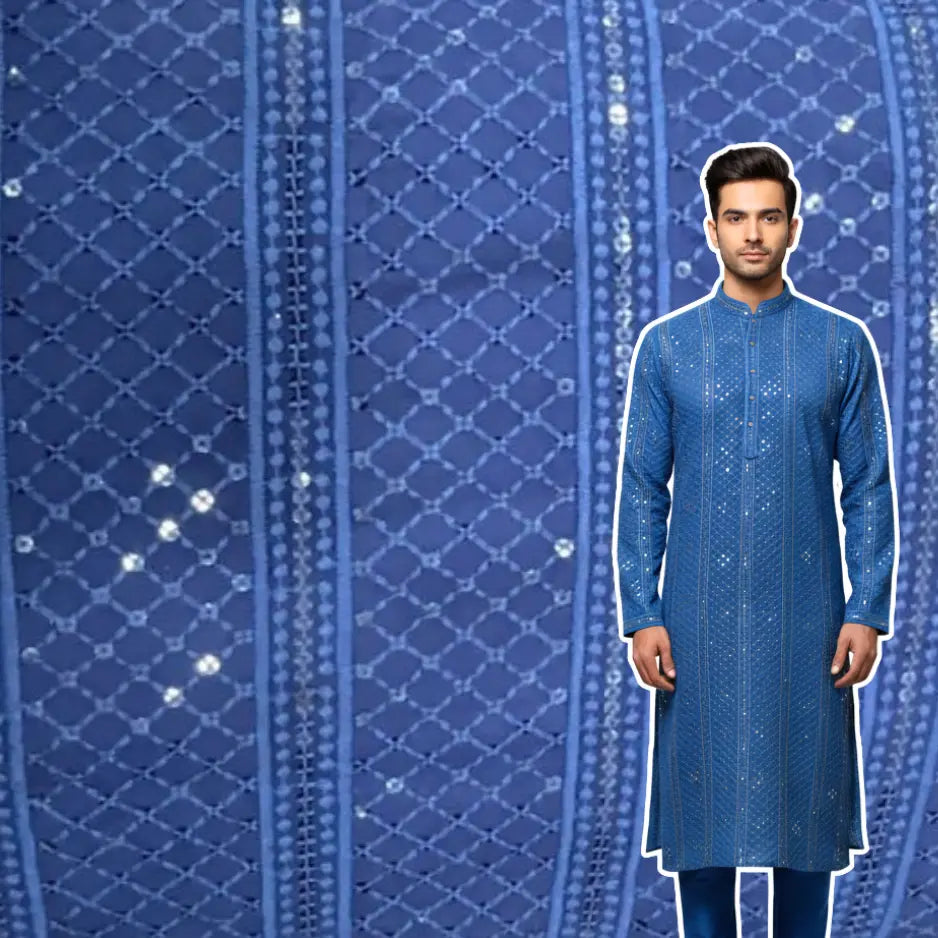 Blue rayon viscose embroidered kurta fabric with sequin patta design for festive menswear
