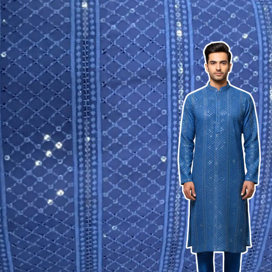 Blue rayon viscose embroidered kurta fabric with sequin patta design for festive menswear
