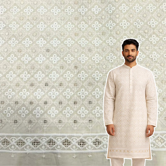 Off-white cotton cambric embroidered kurta fabric with sequin and thread work for men