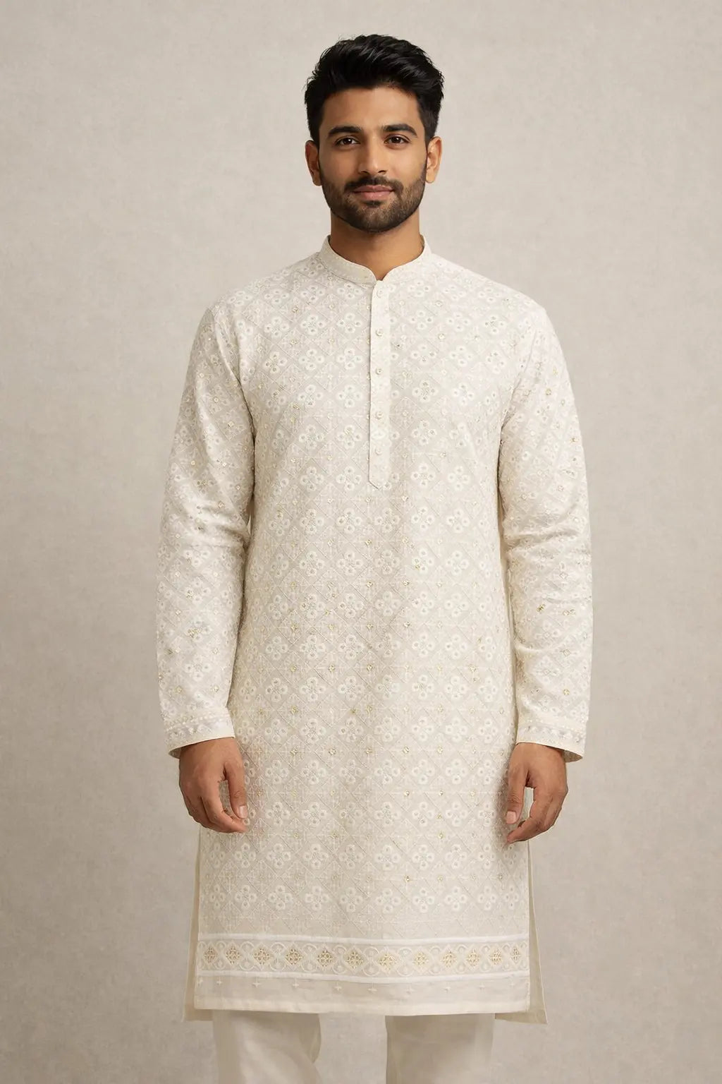 Off-white embroidered kurta fabric for men suitable for wedding and festive wear