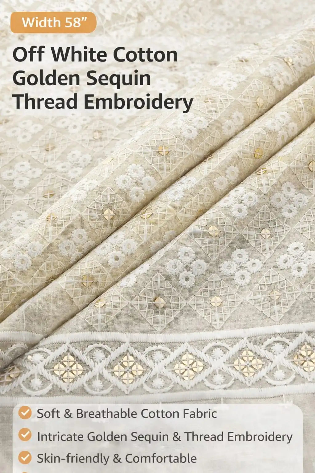 Close-up of off-white cotton kurta fabric showing sequin and thread embroidery
