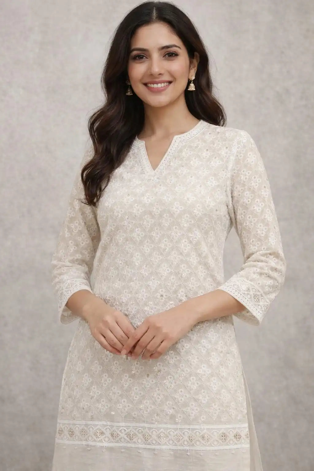 Off-white kurti fabric with sequin work
