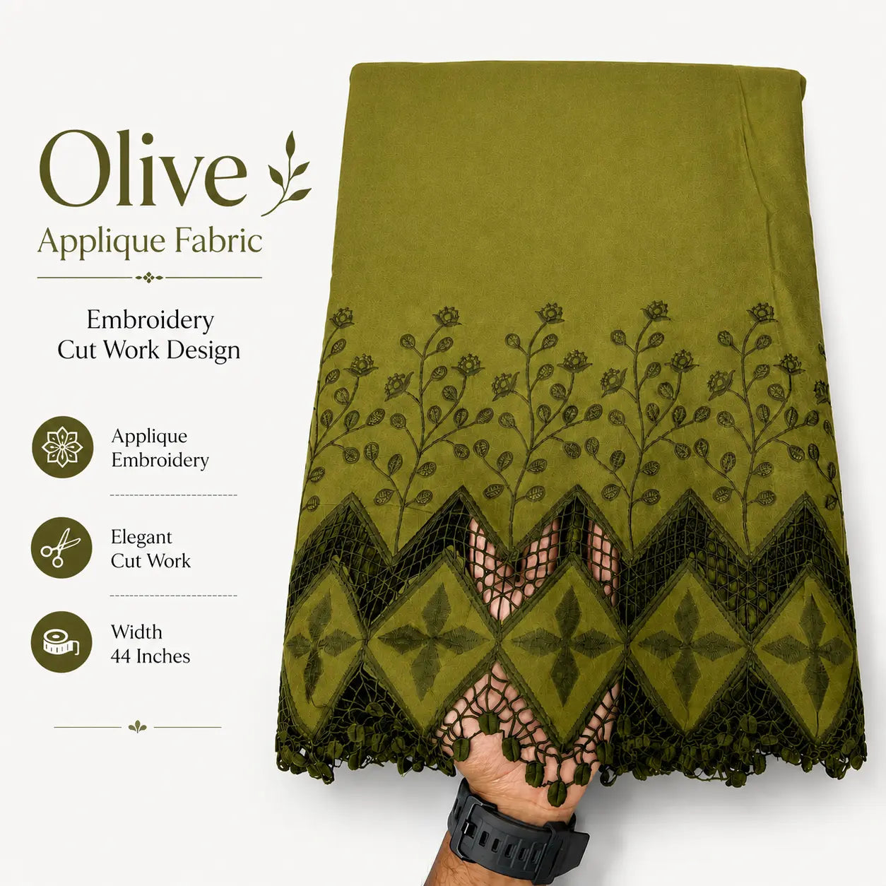 Olive applique embroidery fabric with elegant cutwork border, 44-inch width.