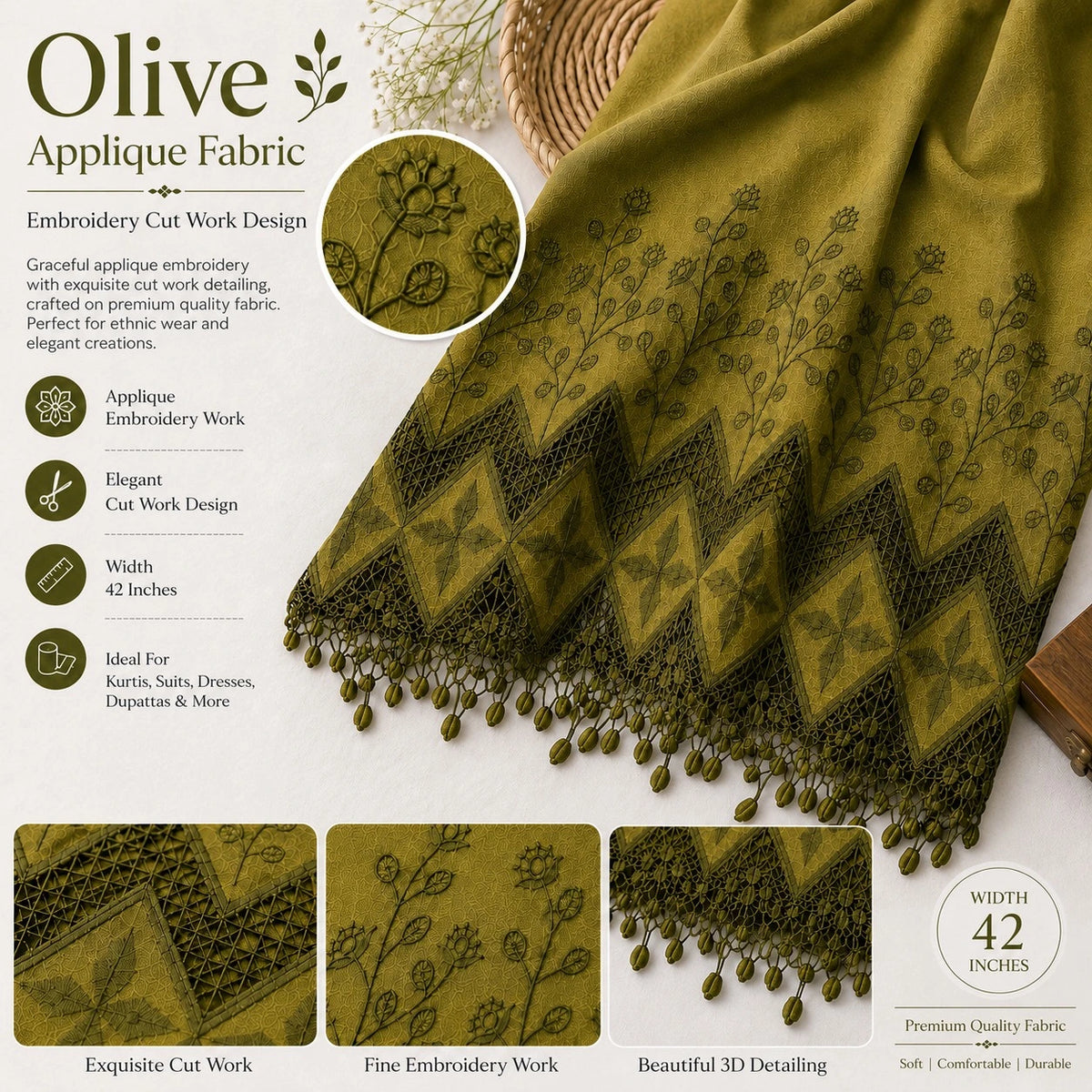 Olive cotton applique embroidery fabric showcasing cutwork, floral embroidery and border detailing.