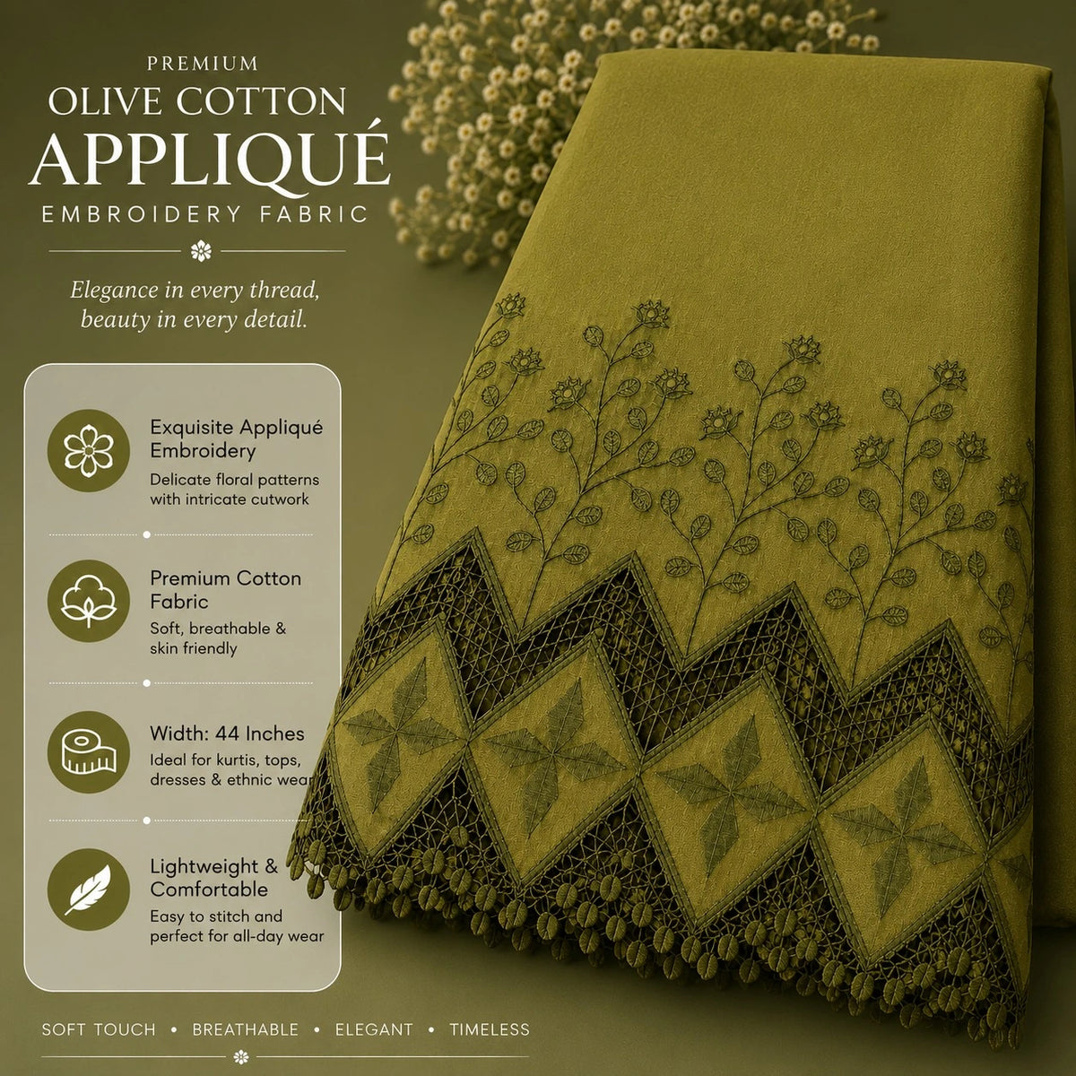 Premium olive cotton applique embroidery fabric with cutwork border, 44-inch width.