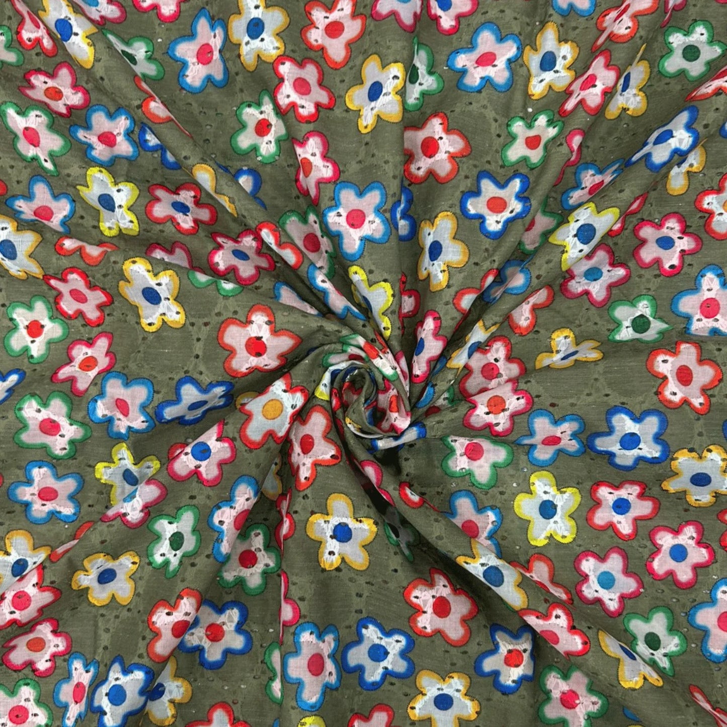 Premium olive green Hakoba cotton fabric featuring colorful floral embroidery with elegant cutwork design. Soft, breathable and lightweight cotton fabric, ideal for dresses, kurtis, tops, kidswear, skirts and fashionable western or ethnic wear. Width: 44 inches.
