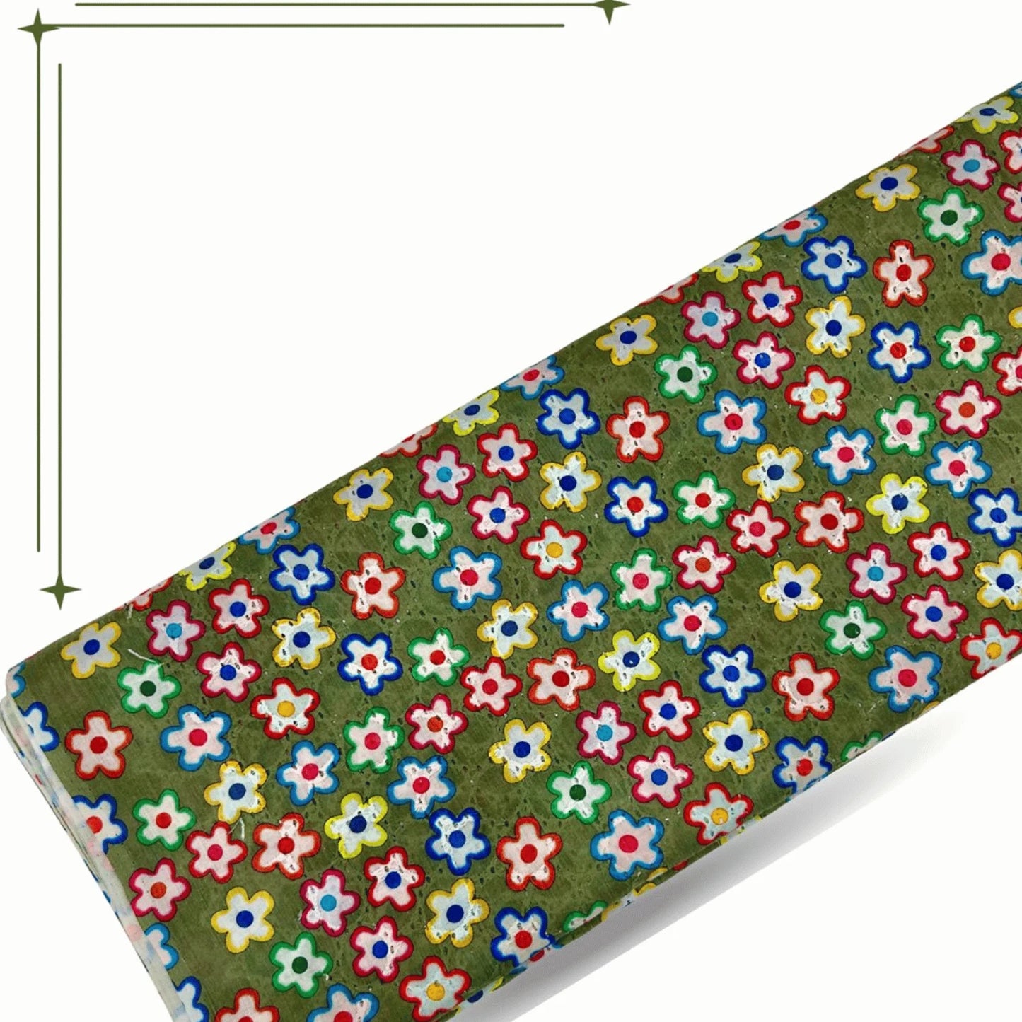Premium olive green Hakoba cotton fabric featuring colorful floral embroidery with cutwork design. Soft, breathable and lightweight fabric, perfect for dresses, kurtis, tops, kidswear, skirts and designer fashion wear. Width: 44 inches.