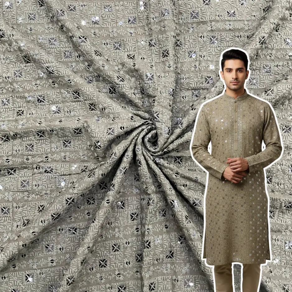 olive rayon viscose chess design embroidered kurta fabric with sequin work for festive menswear