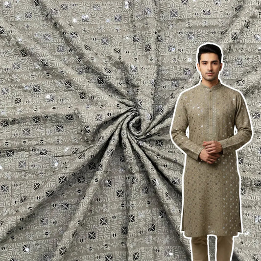olive rayon viscose chess design embroidered kurta fabric with sequin work for festive menswear