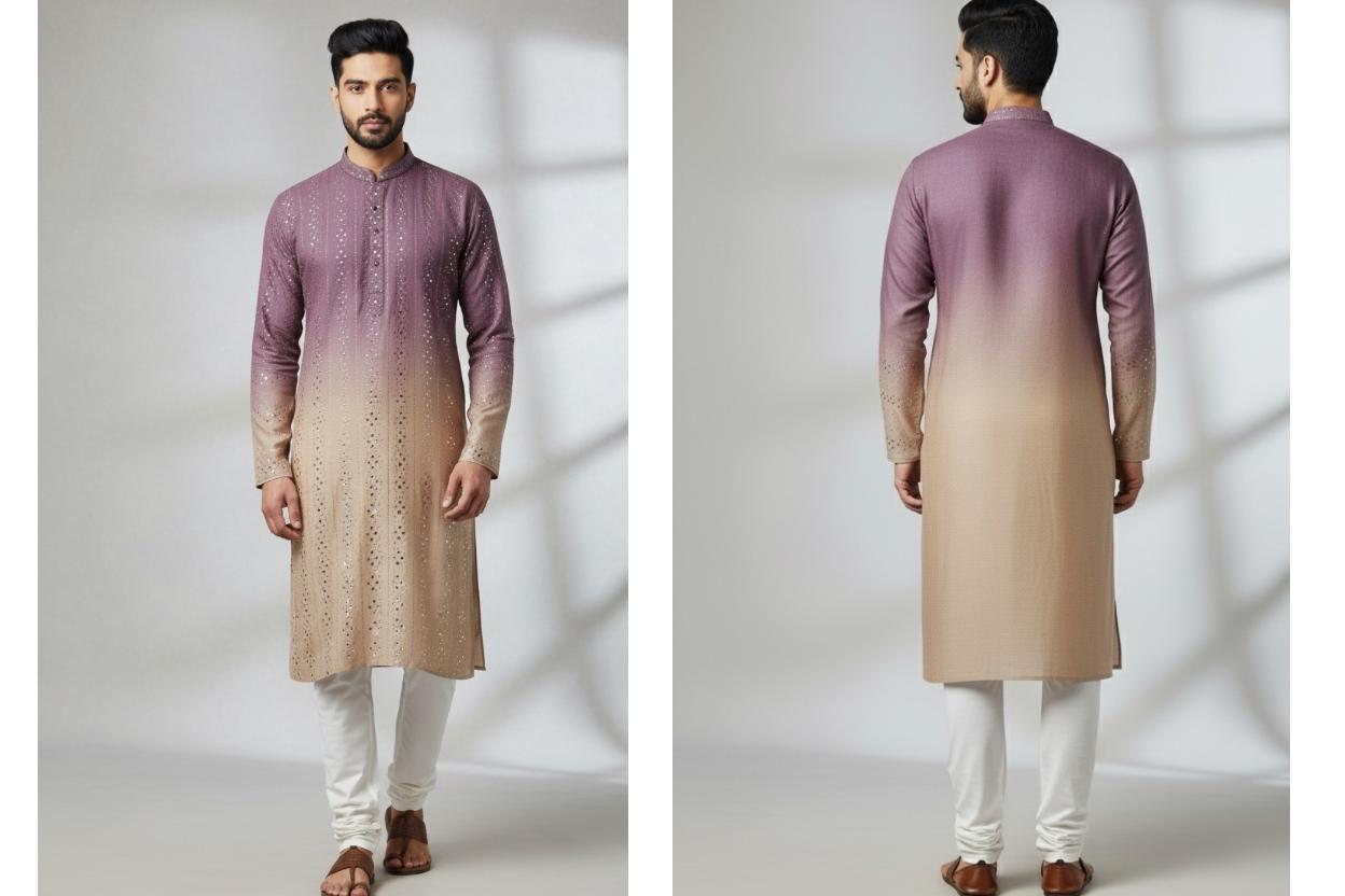 Gorgeous wedding special kurta piece. Purple-to-nude gradient material with diamond-pattern texture.