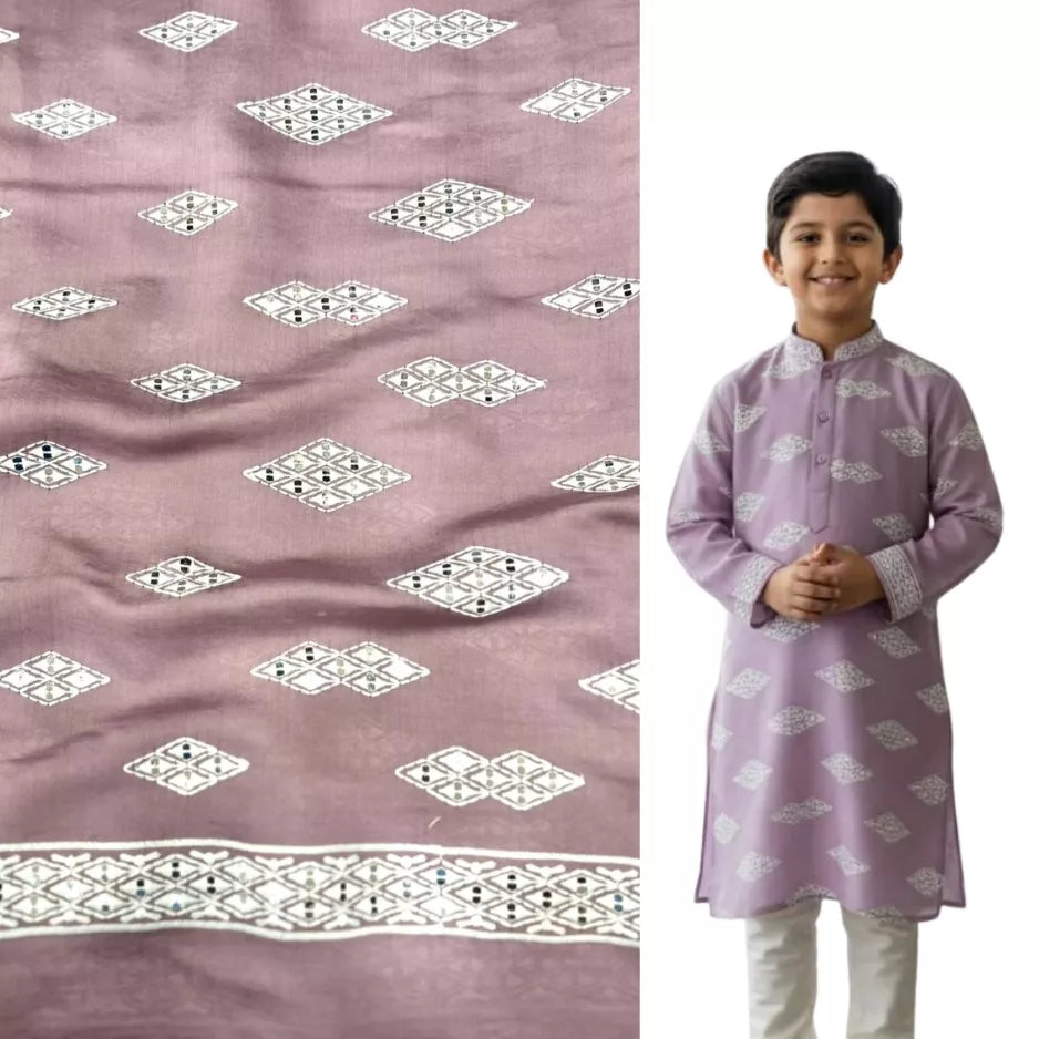 onion pink Roman silk kurta fabric with white mirror work and embroidery — soft festive material.