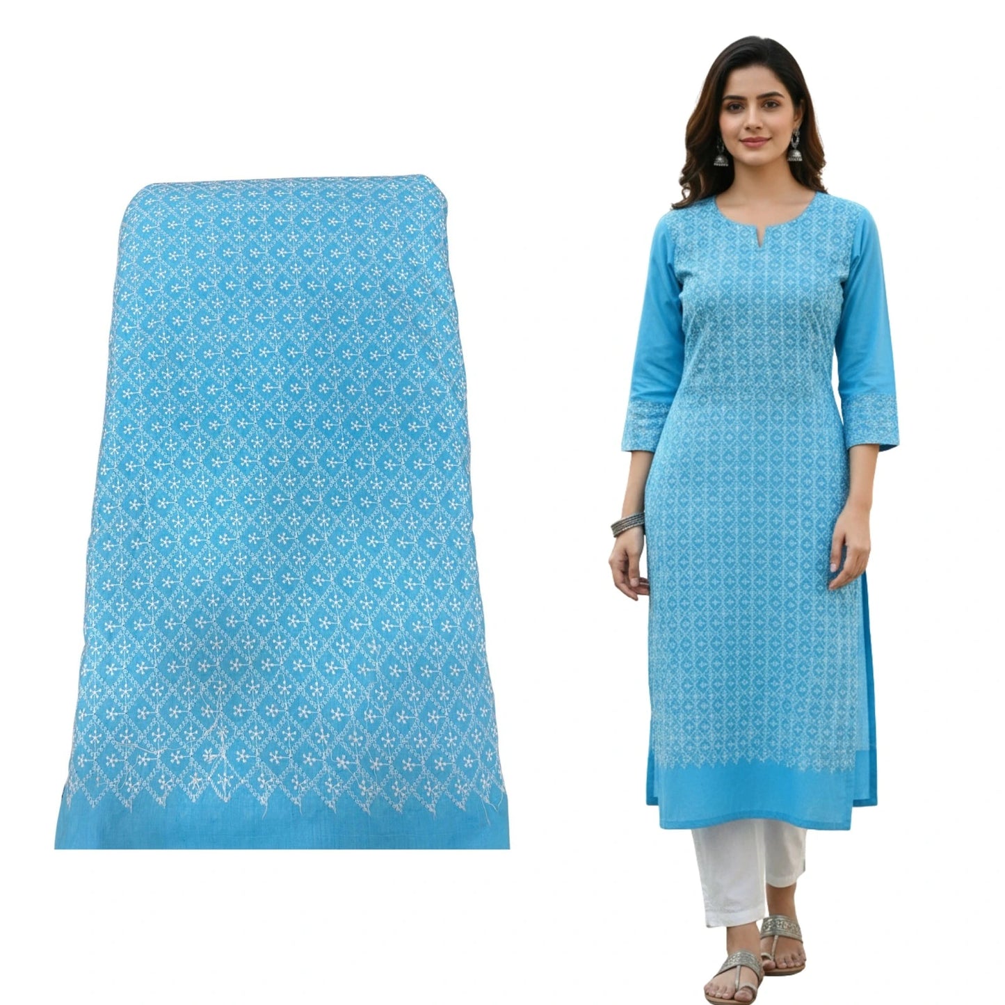 Pastel blue Lakhnavi cotton embroidery fabric for kurti and suits