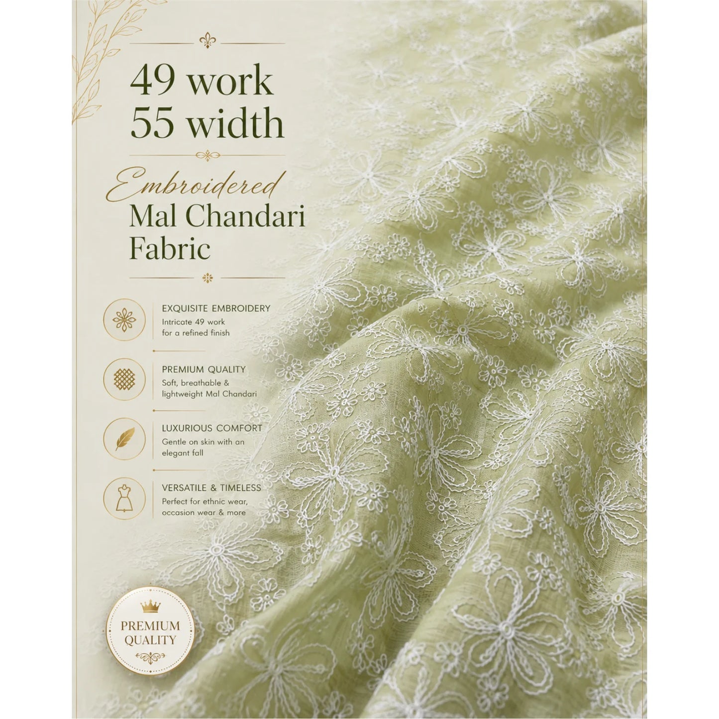 Pastel Green Mal Chanderi fabric with white floral embroidery and fabric details.
