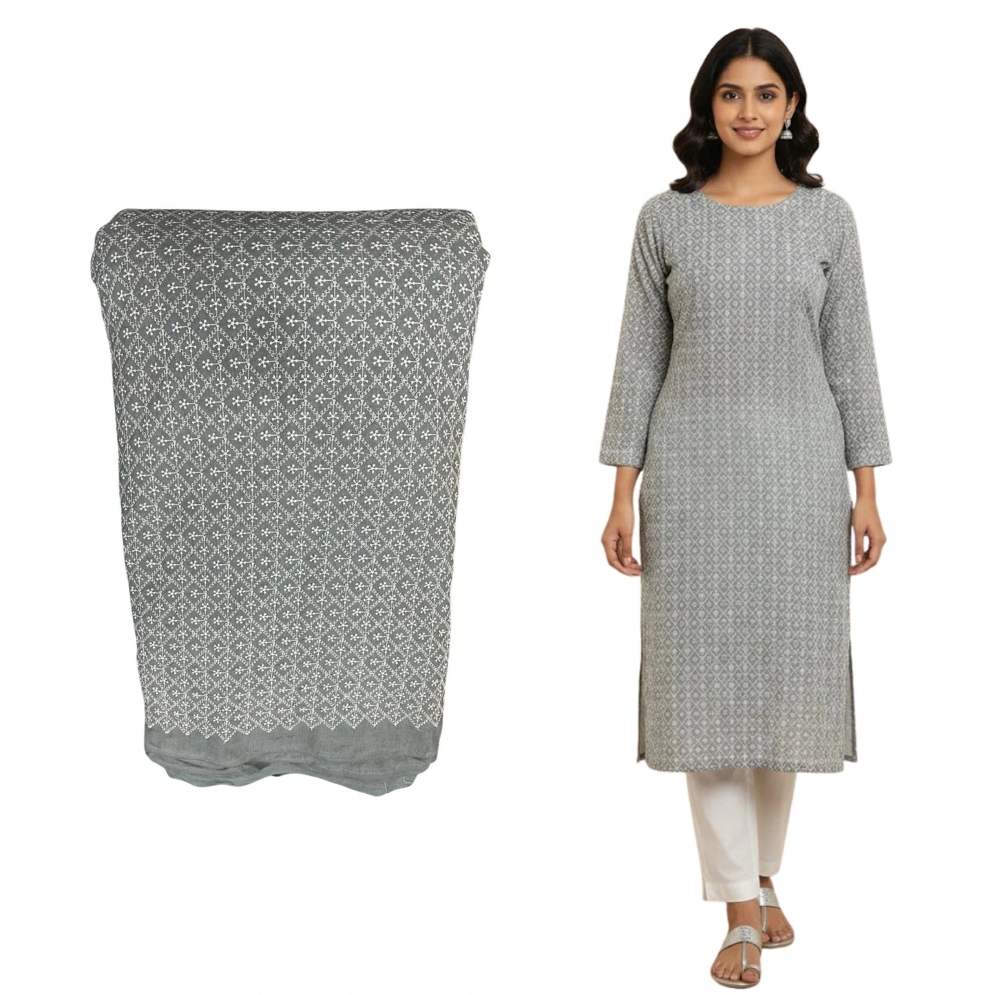 Pastel grey Lakhnavi cotton embroidery fabric for women kurti and suits