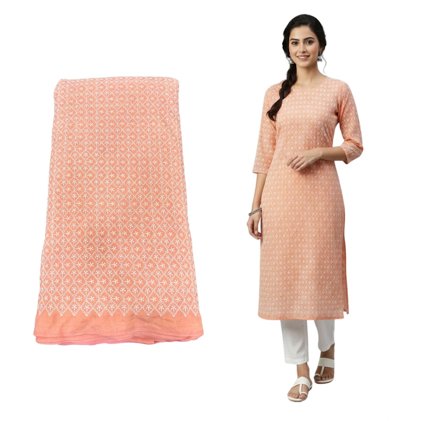 Pastel pink Lakhnavi cotton embroidery fabric for kurti and suits