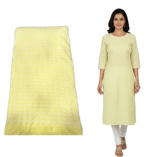 Pastel yellow Lakhnavi cotton embroidery fabric for kurti and suits