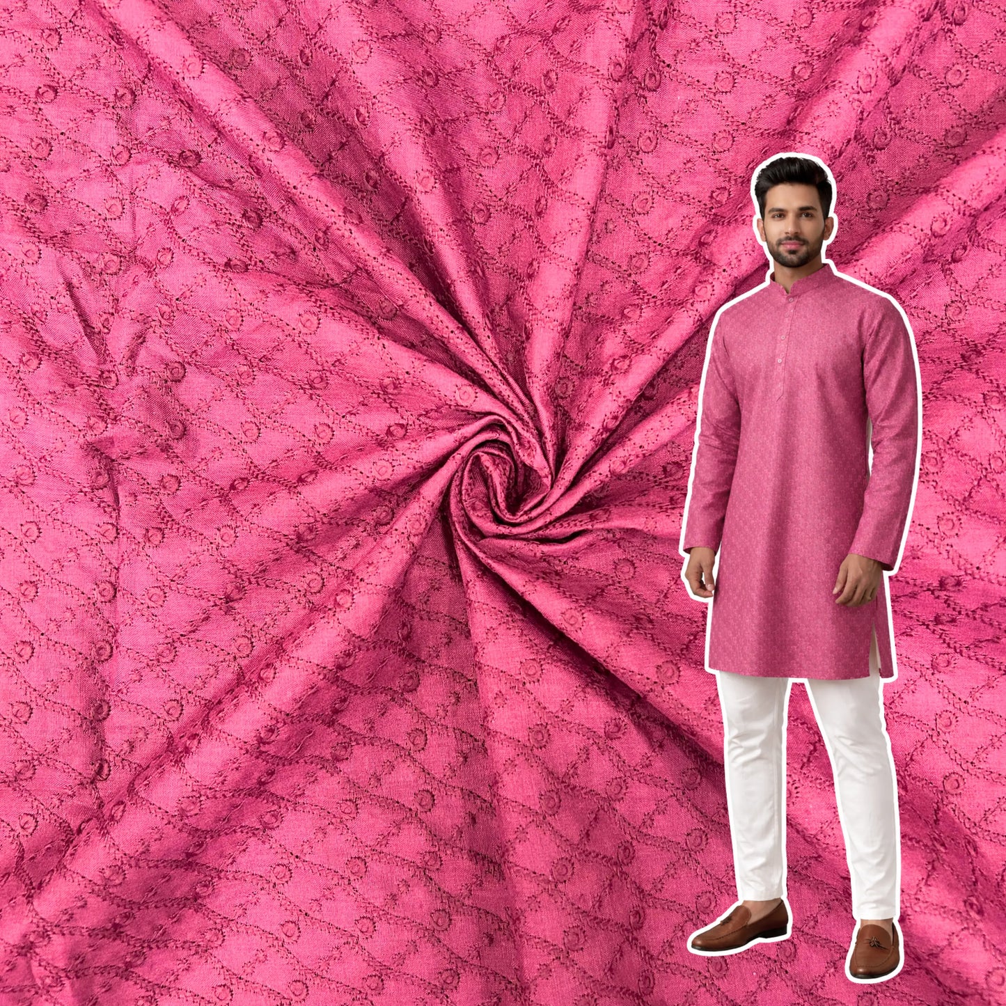 Mehroon pure cotton pagdi design embroidered fabric for kurta and ethnic wear
