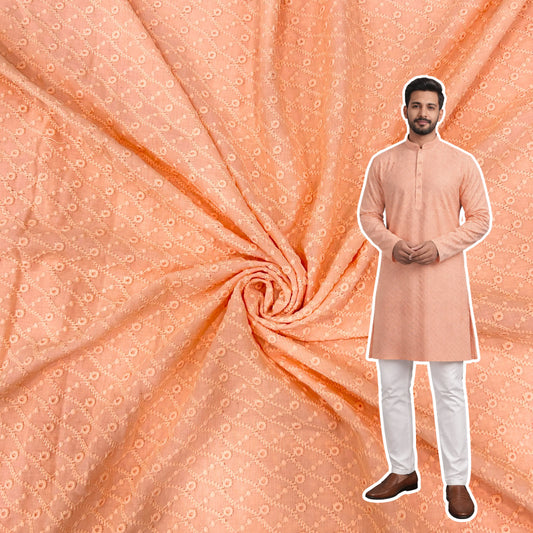 Peach pure cotton pagdi design embroidered fabric for festive kurta, suit and ethnic wear