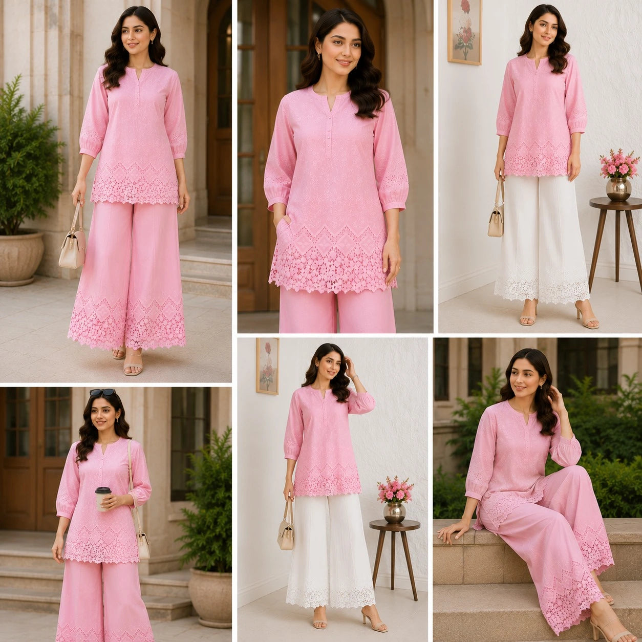 Lookbook showing outfits stitched from pink cotton applique embroidery fabric with 3D cutwork.