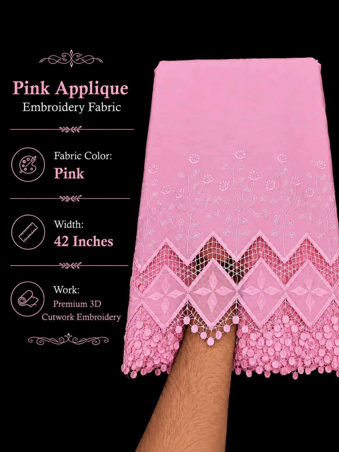 Pink cotton applique embroidery fabric with premium 3D cutwork, 42-inch width.