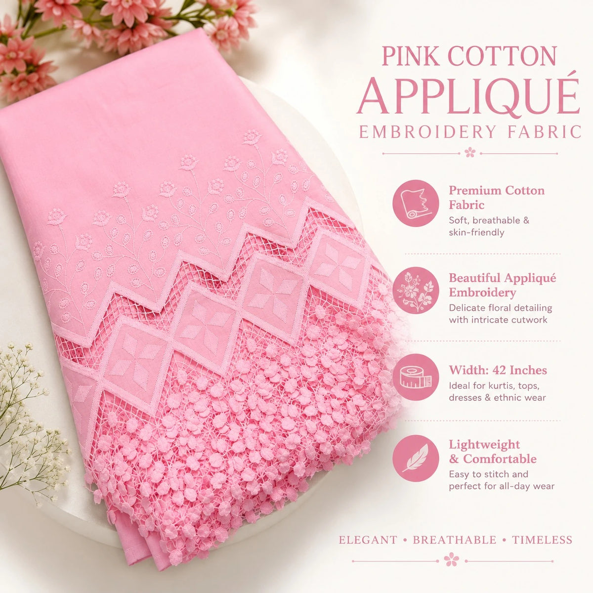Premium pink cotton applique embroidery fabric with 3D cutwork.