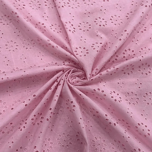 Pink Cotton Hakoba Schiffli Fabric | Floral Eyelet Embroidery | Width 44 Inches