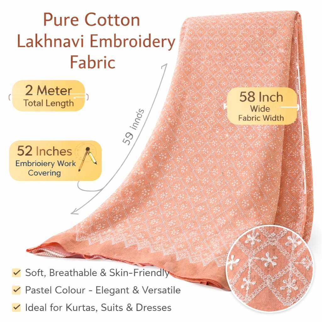 Pink embroidered cotton fabric for women kurti and dresses