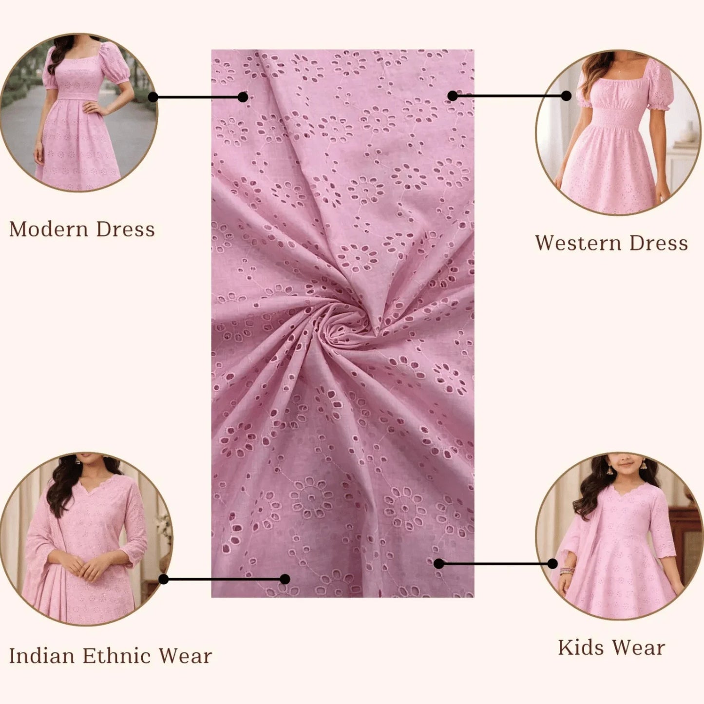 Premium Pink Hakoba Schiffli Cotton Fabric with delicate floral eyelet embroidery and breathable cotton texture. This lightweight 44-inch wide fabric is ideal for stitching modern dresses, western wear, Indian ethnic wear, kurtis, kidswear, tops, tunics, and stylish summer outfits.